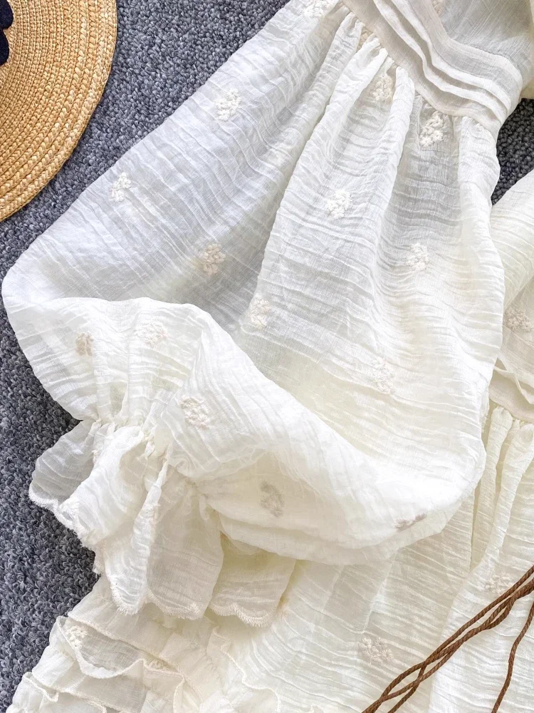 France Elegant Vintage Palace Evening Dress Women Embroidery Ruffle Flounce Party Dress Female Casual Beach Vacation Clothing