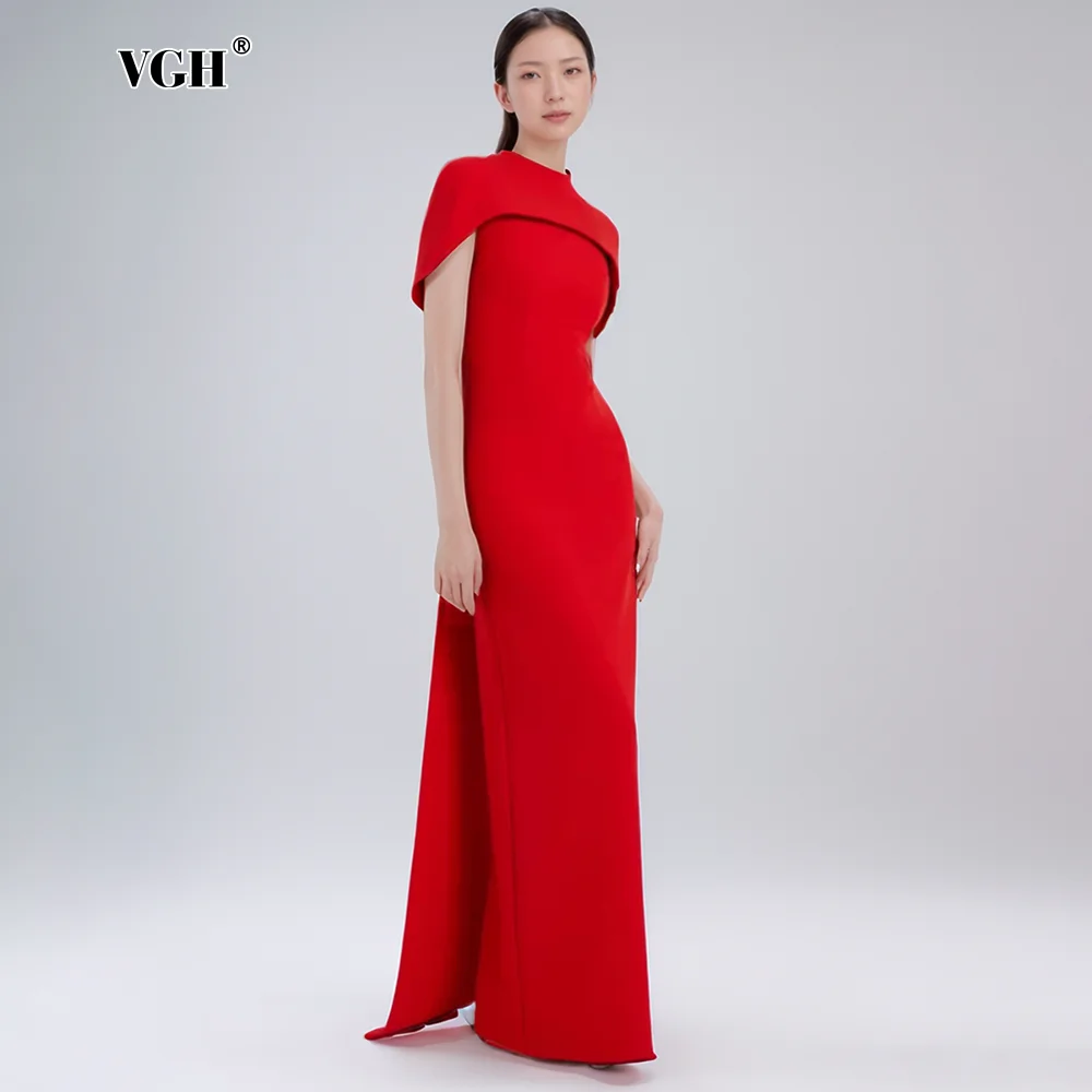 VGH Solid Slimming Elegant Evening Dresses For Women Round Neck Short Sleeve High Waist Temperament Chic Dress Female Style New