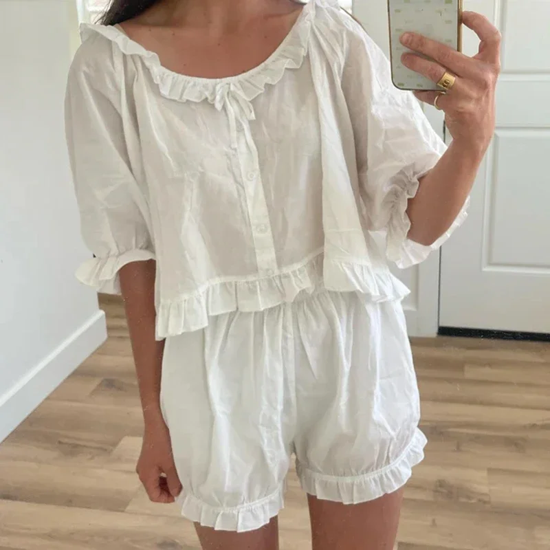 

Милый комплект для отдыха из 2 предметов Y2K, винтажная клетчатая футболка на пуговицах с оборками + шорты-фонарики в стиле ретро, пижамы для мужчин и женщин