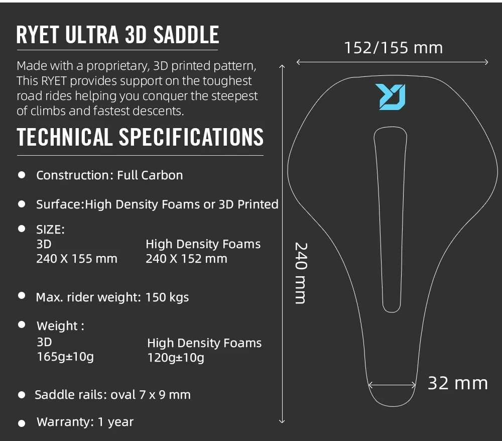 RYET 3D-Druck / EVA Vollcarbon-Sattel 120-165g 240x152/155mm 7x9mm Schienen-Ausschnitt Ultraleichter Rennrad-, MTB-, Gravel- und Triathlon-Sattel Pro – Detail 3