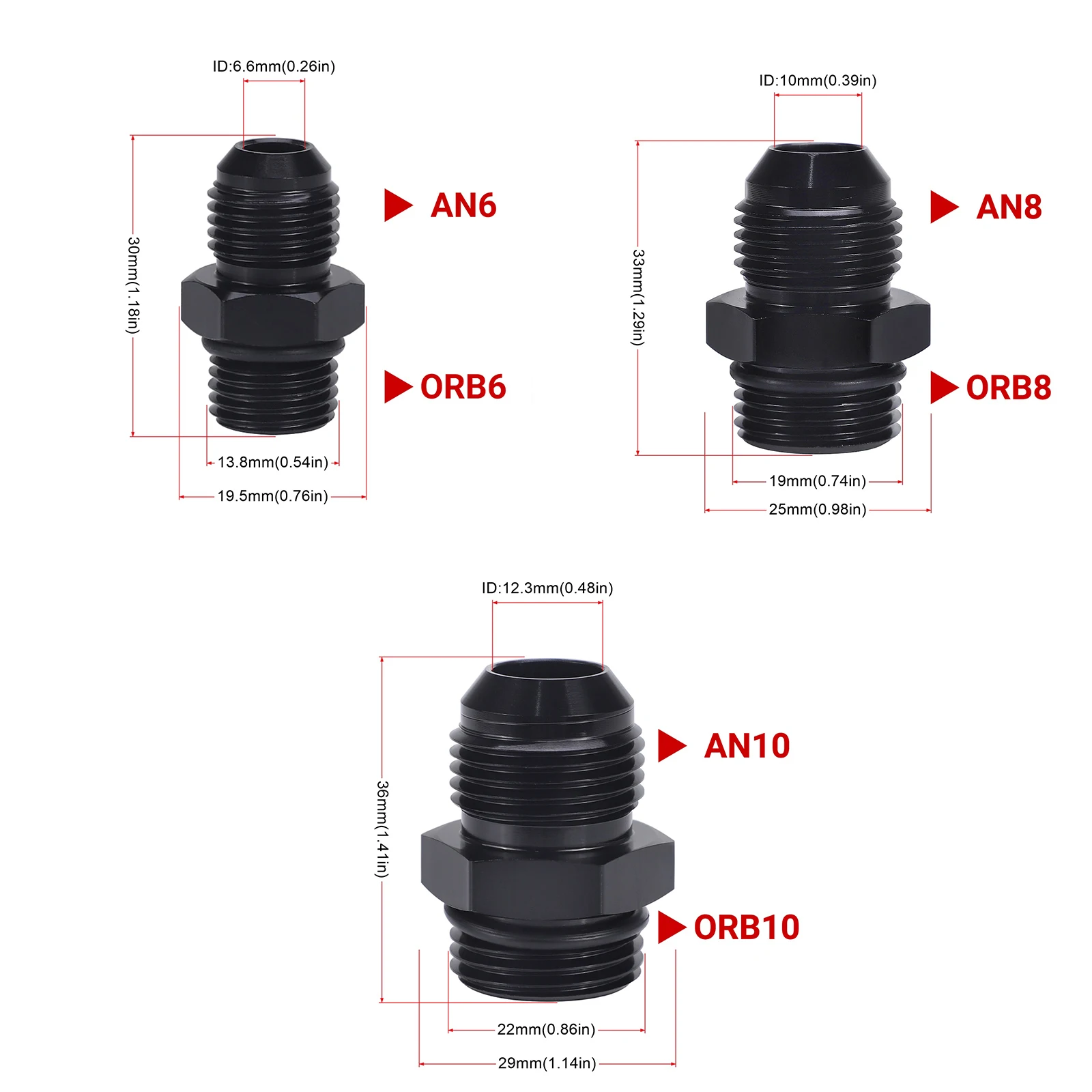 Male Adapter Fitting Black ORB-6 ORB-8 ORB-10 O-ring Boss to AN6 6AN AN8 8AN AN10 10AN 6061-T6 Aluminum Car Flare Fitting Black