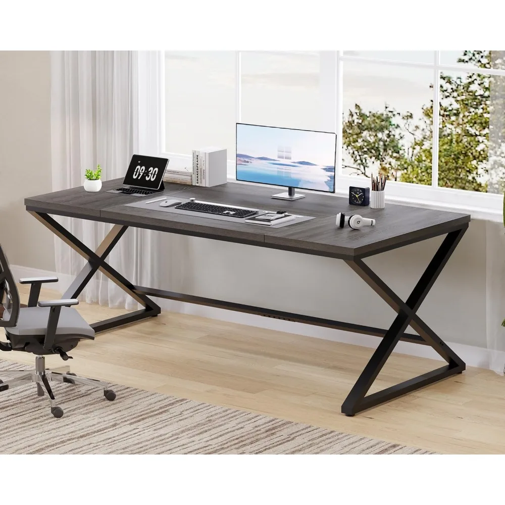 

Long Computer Desk, 70.8” Large Work Desk for Home Office, Wood Metal Writing Desk Executive Workstation for Bedroom, Indust
