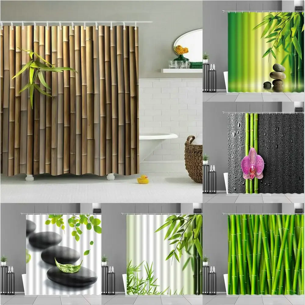 Green Bamboo Plants Leaf Shower Curtains Zen Stone Flower Landscape For Home Bathroom Decor Waterproof Curtain Background Cloth