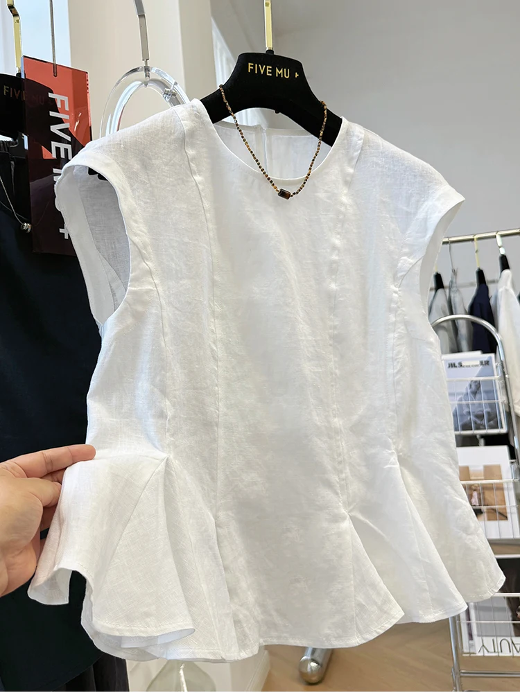 Colete anti-envelhecimento de algodão puro para mulheres em cor azul real verão high-end luxo algodão topo senhoras irt