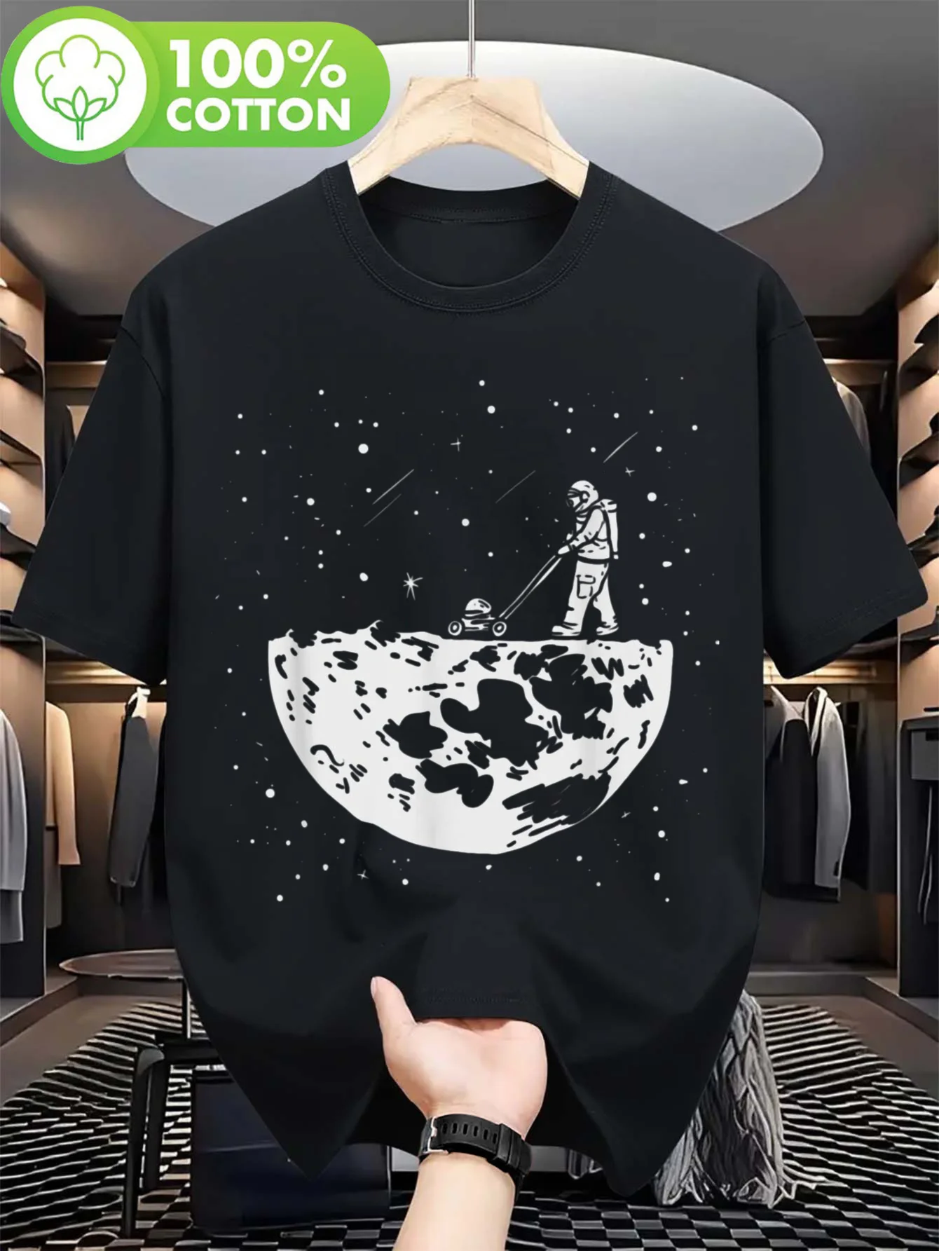 

Astronaut Mowing The Moon Graphic Tee Funny Space Lover Gift Soft Cotton Short Sleeve T-Shirt