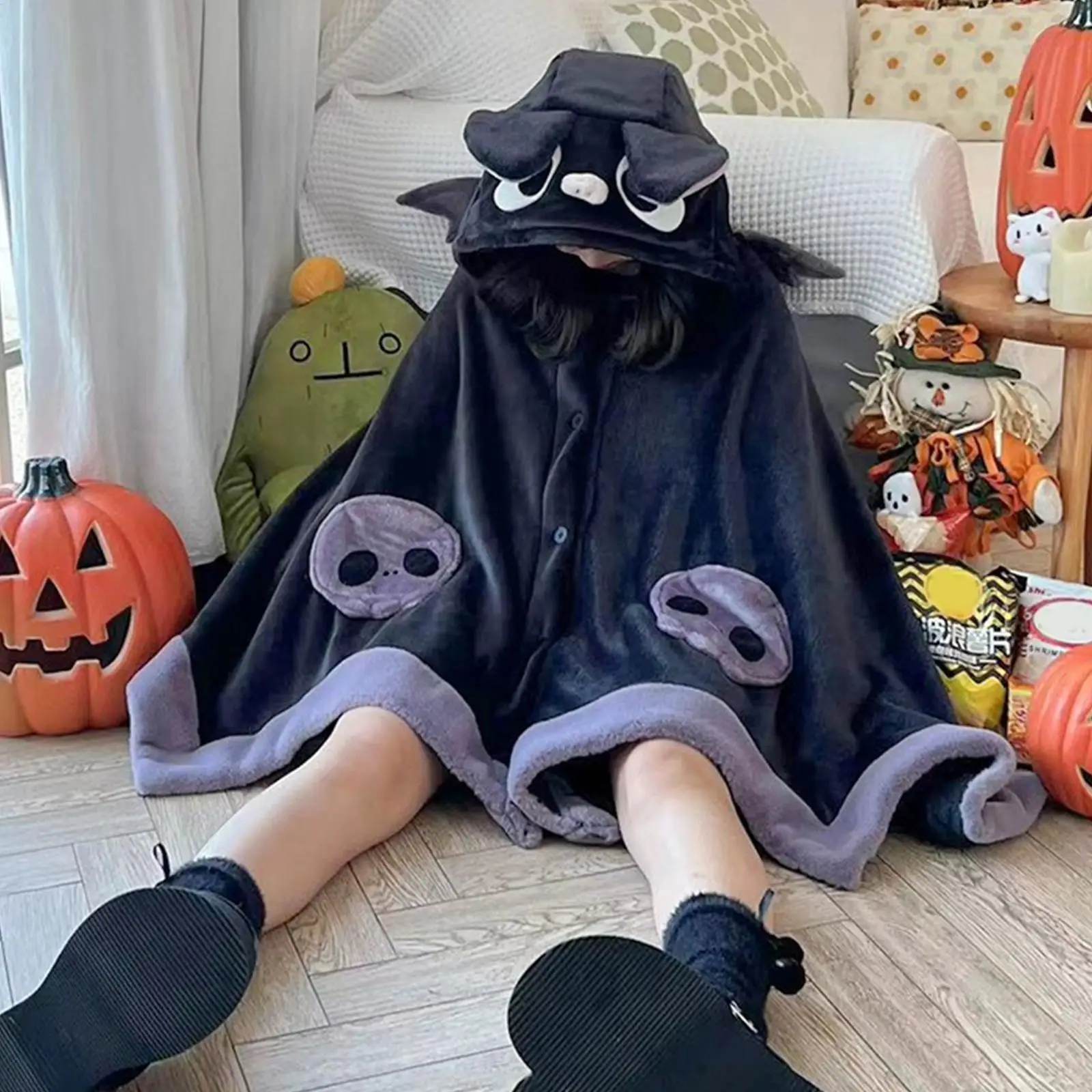 Bat Cosplay Costume Air-Conditioned Blanket Furry Hooded Cloak Shawl Nightgown for Women Halloween Carnival Party