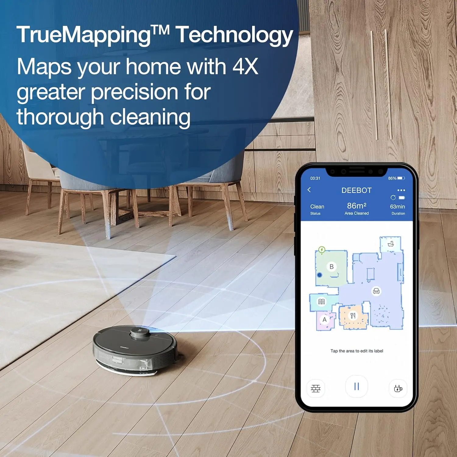 مكنسة وممسحة روبوت ECOVACS Deebot N8 Pro، شفط قوي 2600 باسكال، ملاحة LiDAR القائمة على الليزر، كشف العوائق الذكية، متعددة
