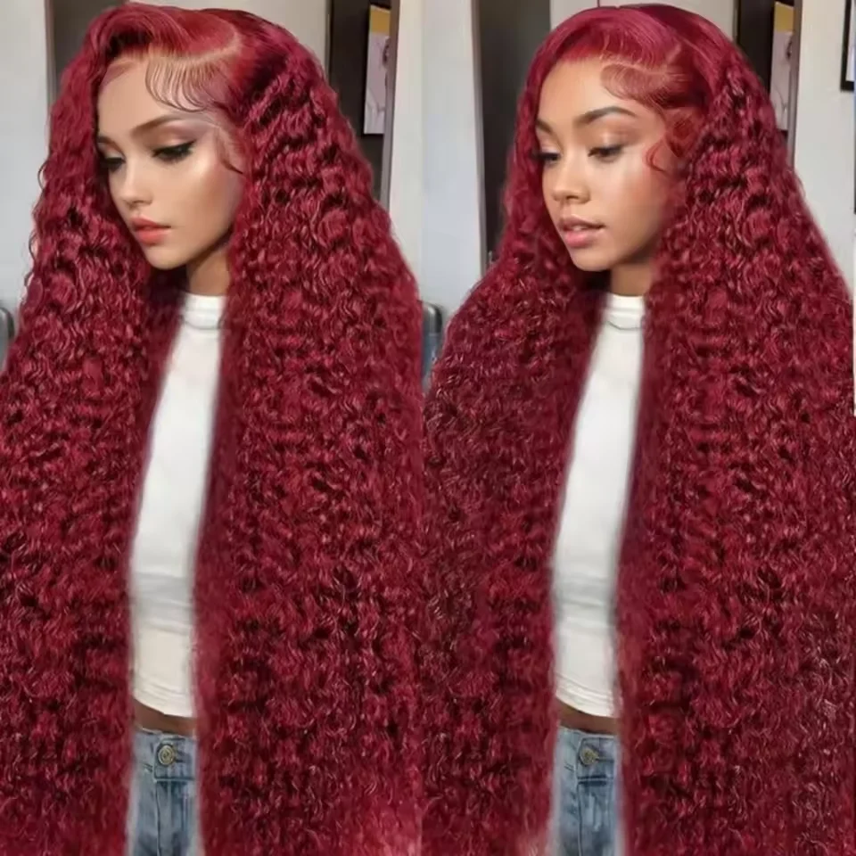 

Плотность 200, 99J, бордовый, глубокая волна, цветные человеческие волосы, парики 13x6 HD, прозрачный кружевной фронтальный парик для женщин