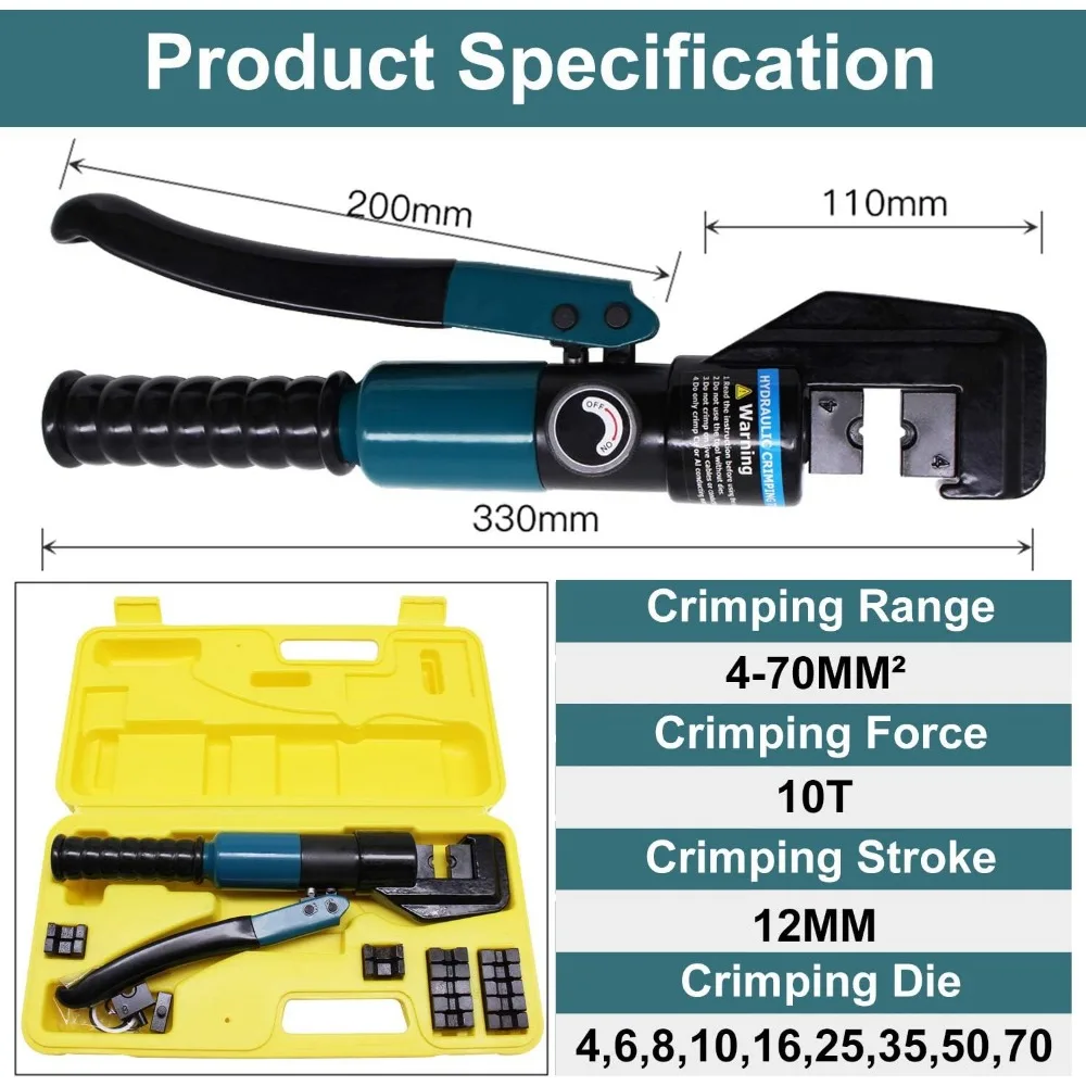 10 Ton Hydraulic Crimping Tool with 11 Dies & Cable Cutter for Wire Battery Terminal Railing Hardware