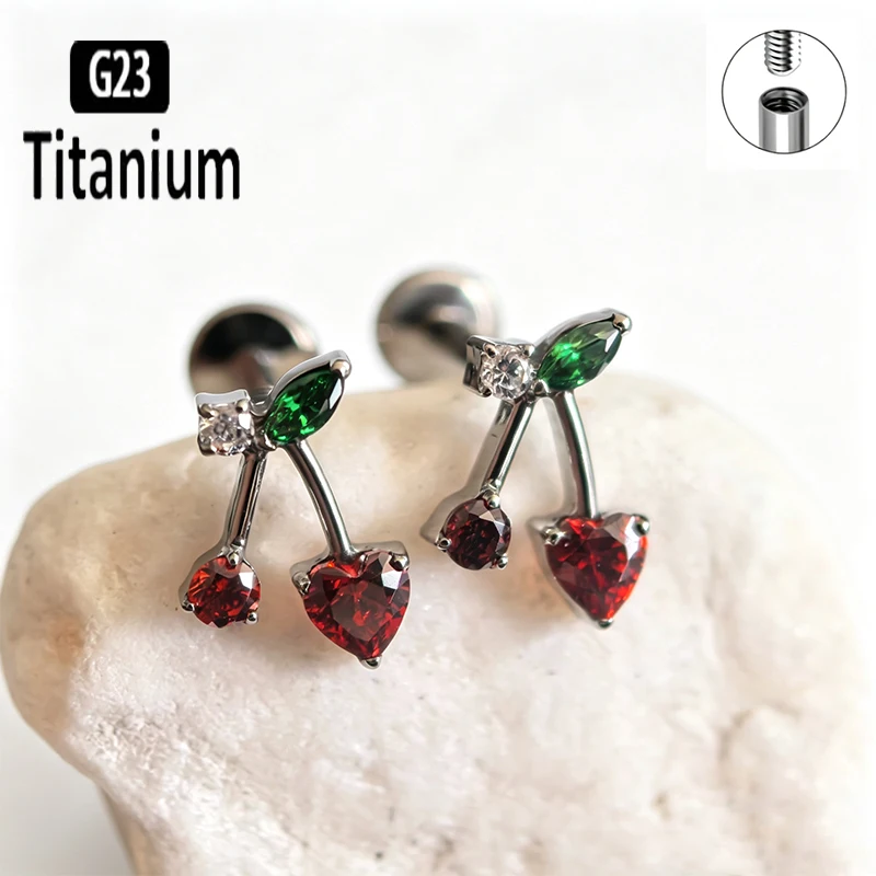 G23 Titanium Internal Thread Cherry Sparkle 5A CZ Labret Earrings Lip Ring Ear Cartilage Tragus Helix Lobe Piercing Body Jewelry