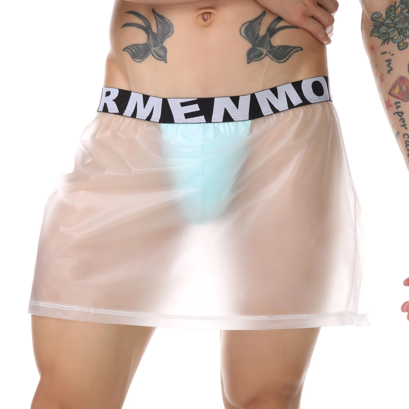 

Men Swimming Shorts 2 in 1 PVC Swim Skirt Pants Sexy Transparent Side Split Hips Water Protection Culottes High-cut Waist Briefs