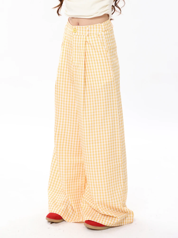 

Женские брюки ENJOG 2025: новые желтые клетчатые брюки в винтажном стиле, с высокой талией, свободные, широкие, повседневные, в пол