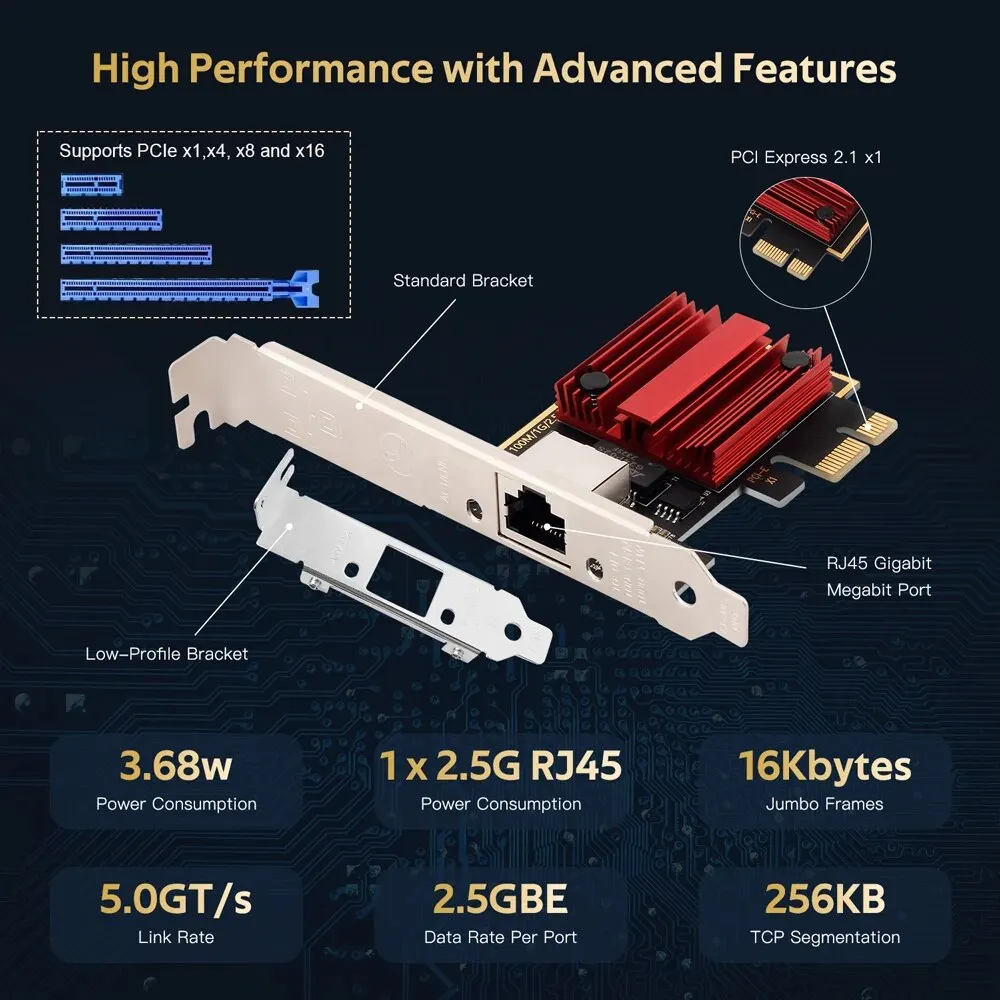 2.5G PIC-E To RJ45 Network Adapter RTL8125B 100/1000/2500Mbps Gigabit Ethernet Lan Controller Adapter For PC Win10/11