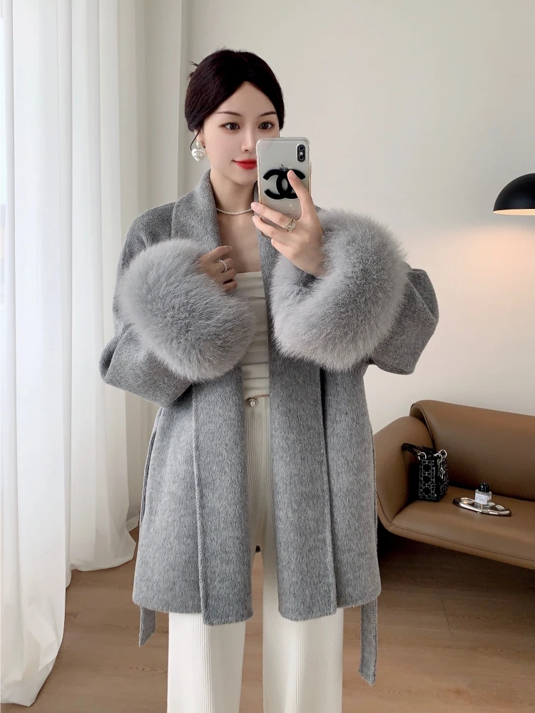 2023 Autumn and Winter  New Double-Faced Woolen Goods Cashmere Coat Women\'s Whole Leather Fox Fur Fur High Sense Cape Coat