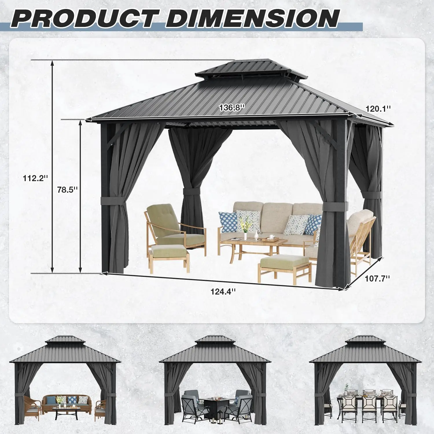 10'x12' Hardtop Gazebo Metal Double Galvanized Steel Roof Outdoor Pergola Curtain Netting Patio Backyard, Customized