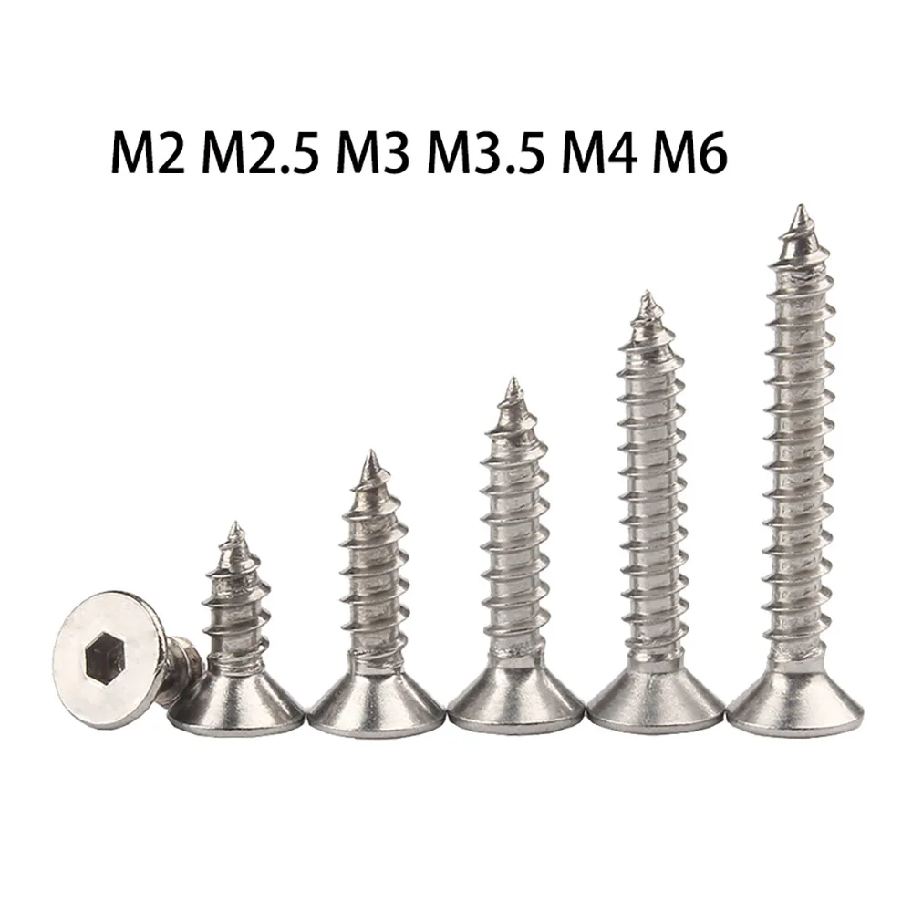 M2-M6 306 Stainless Steel Hex Socket Countersunk Flat Head Allen Screws Self Tapping Bolts For Wood Woodworking Hardware Fitting