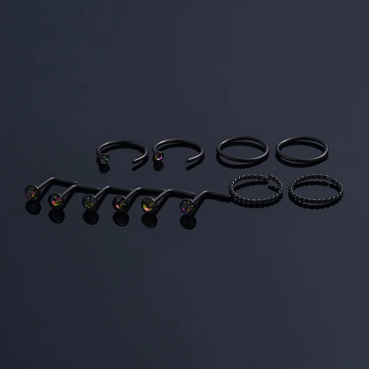 20 Gauge Nose Ring Hoop Stainless Steel for Women Men Round CZ L Shaped Screw Lip Rings Set Nose Piercing Jewelry Black 12Pcs