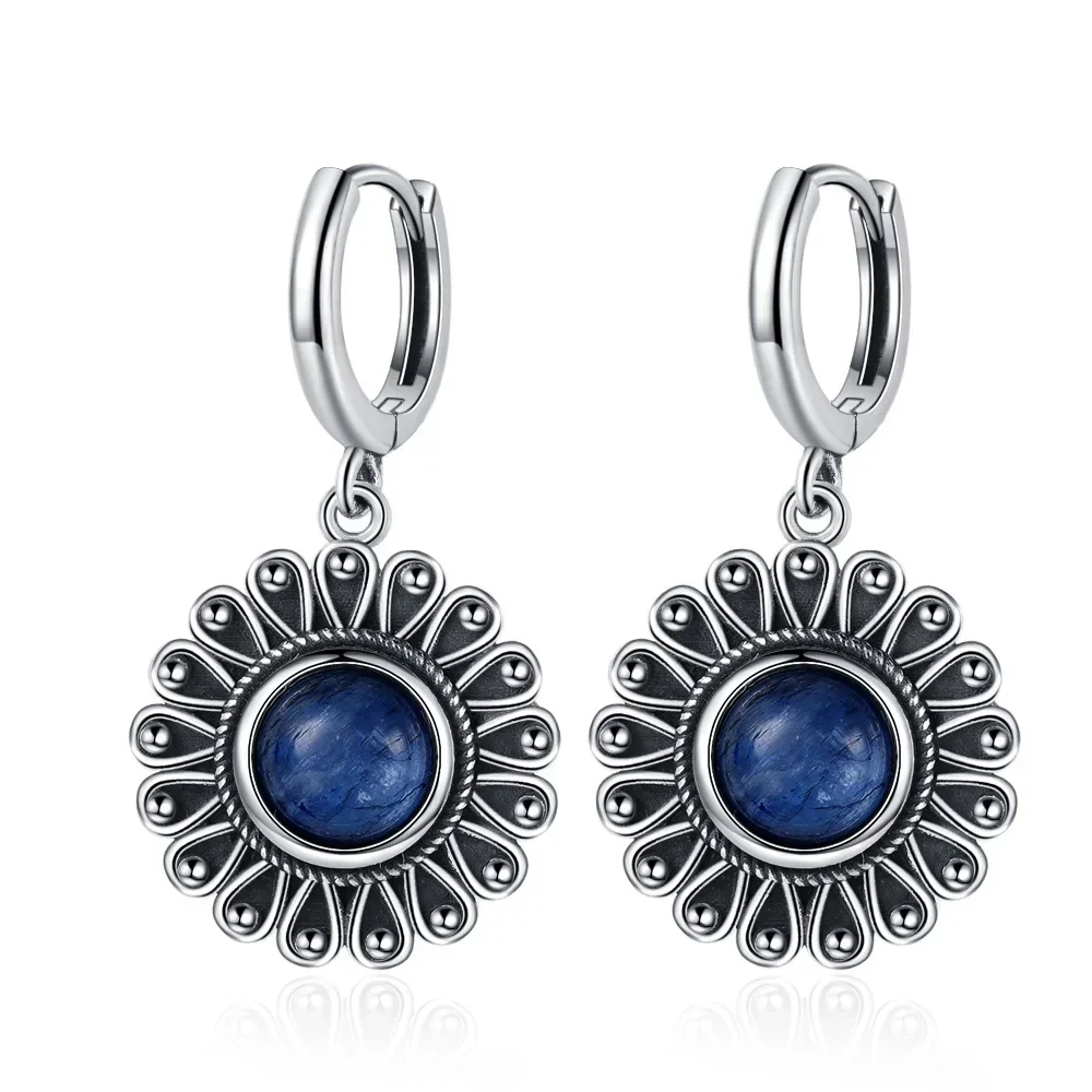 Pendientes de cianita Natural para mujer, aretes de aro de labradorita de Plata de Ley 925 con forma de flor, regalo de joyería de aniversario