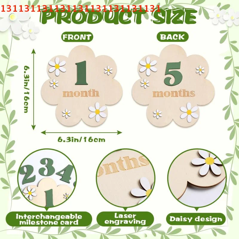 

For Girls Boys Newborn Photography Props Wooden Baby Milestone Cards Double-Sided Floral Design Monthly Number Months