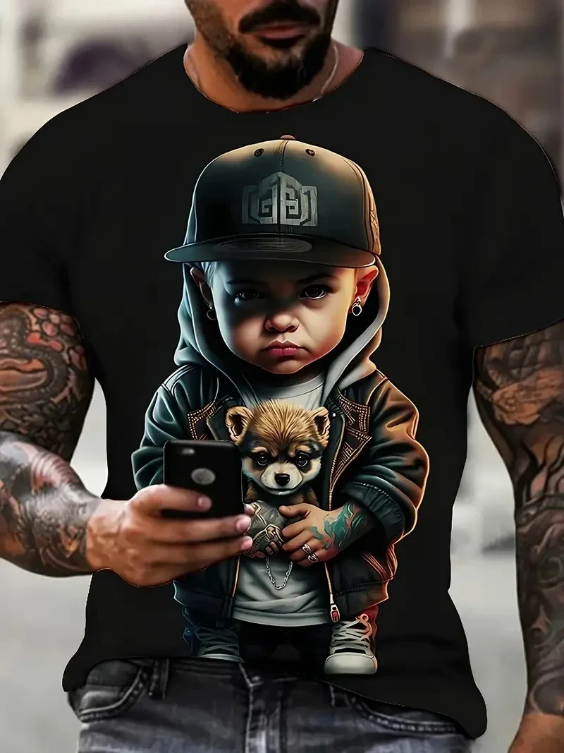 Cartoon Child brothers Pattern Men's Novelty 3D Short Sleeve Fashion Neck Oversized Tshirt Casual Tee Tops Clothing