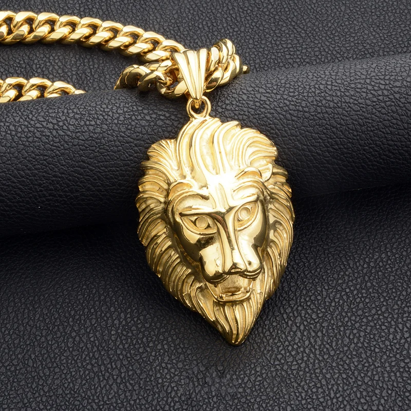 Hip Hop Bling Gold Color Stainless Steel Big Lion Pendants Necklace for Men Rapper Jewelry come with 14mm wide cuban chain