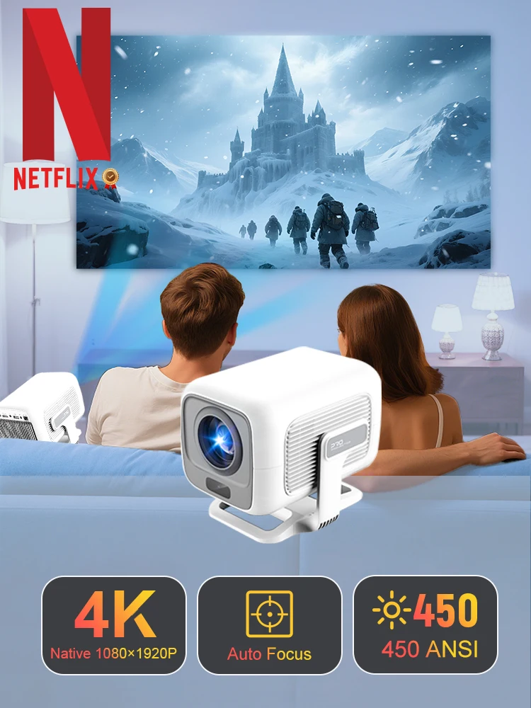 Proyector Velec Netflix 4K 1080P Proyector inteligente Android con WiFi 6 y enfoque automático BT5.4 Proyector portátil de cine en casa para exteriores
