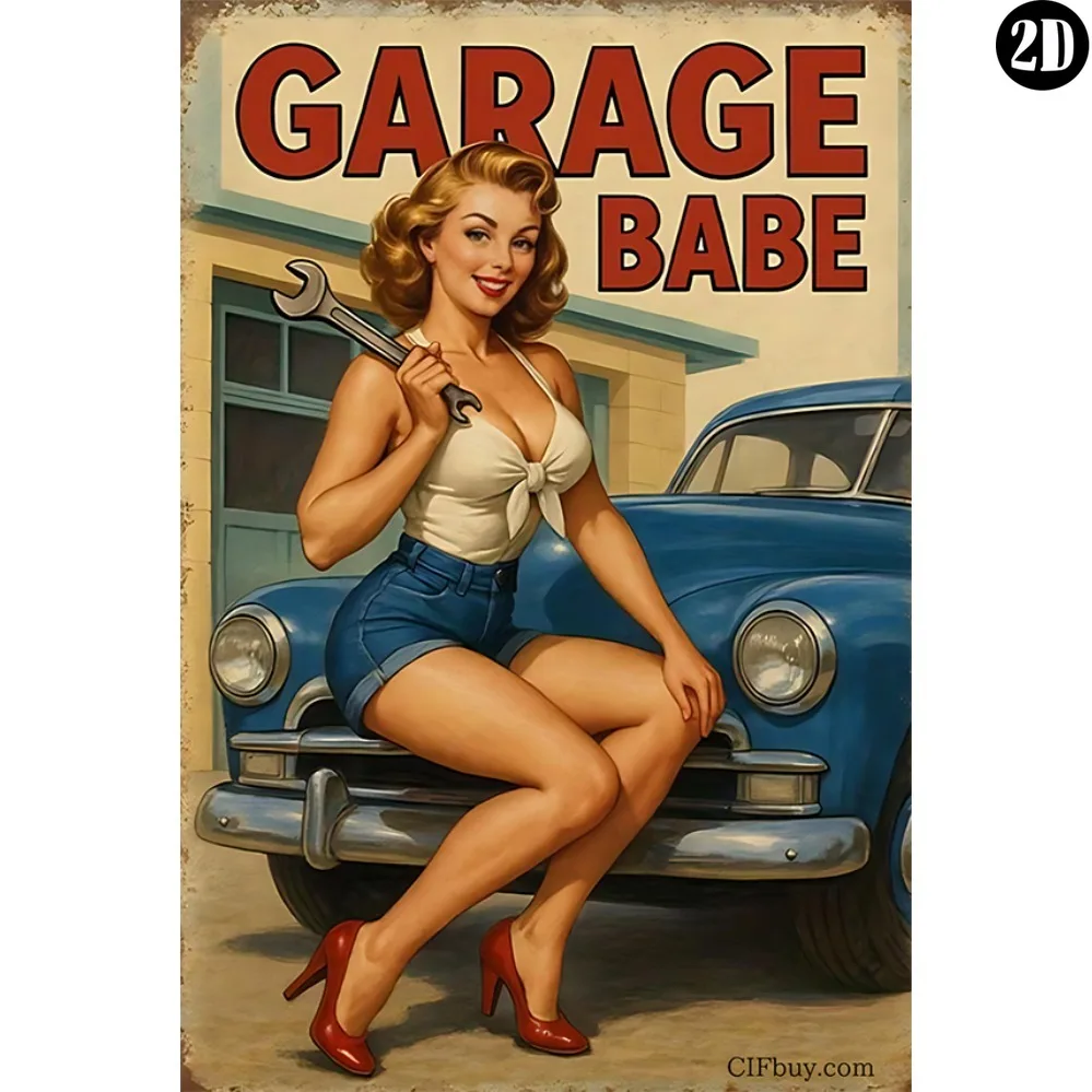 8x12 Zoll Vintage Blechschild, „GARAGE BABE“ Pin-Up Girl 2D Eisenkunst-Poster, Retro Wanddekoration für Autowerkstatt, Garage & Bar