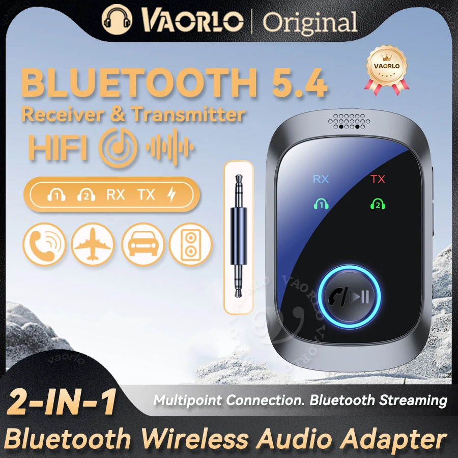 Nowo ulepszony odbiornik/nadajnik audio Bluetooth 5.4 2 w 1, bezprzewodowy adapter muzyczny HiFi Stereo z wejściem AUX 3,5 mm i mikrofonem do zestawów samochodowych, głośników i słuchawek Bluetooth.