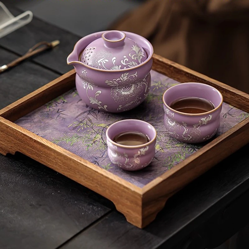 

Purple Ru Kiln Travel Tea Set Portable Tea Cup and Teapot High-end Girls' Outdoor Ceramic Silver-plated Peony Quick Guest Teacup