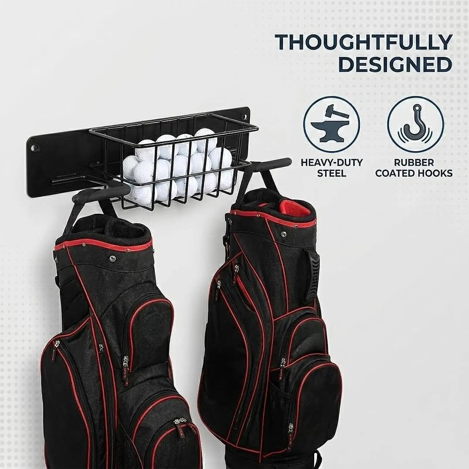 Heavy Duty Golf Storage Rack Wall Mounted Metal Bag Display Holder with Basket for Garages Storage Rooms Clubs