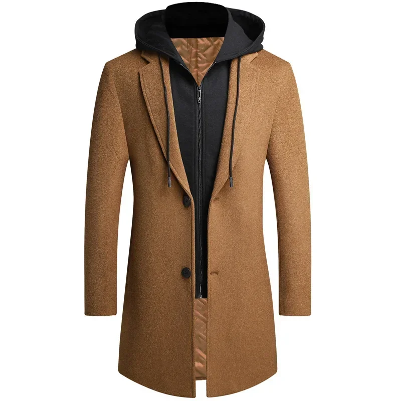 2024 New Men Wool Coat Casual Warm Winter Wool Coat Casual Woolen Coat Mid-length Detachable Hat