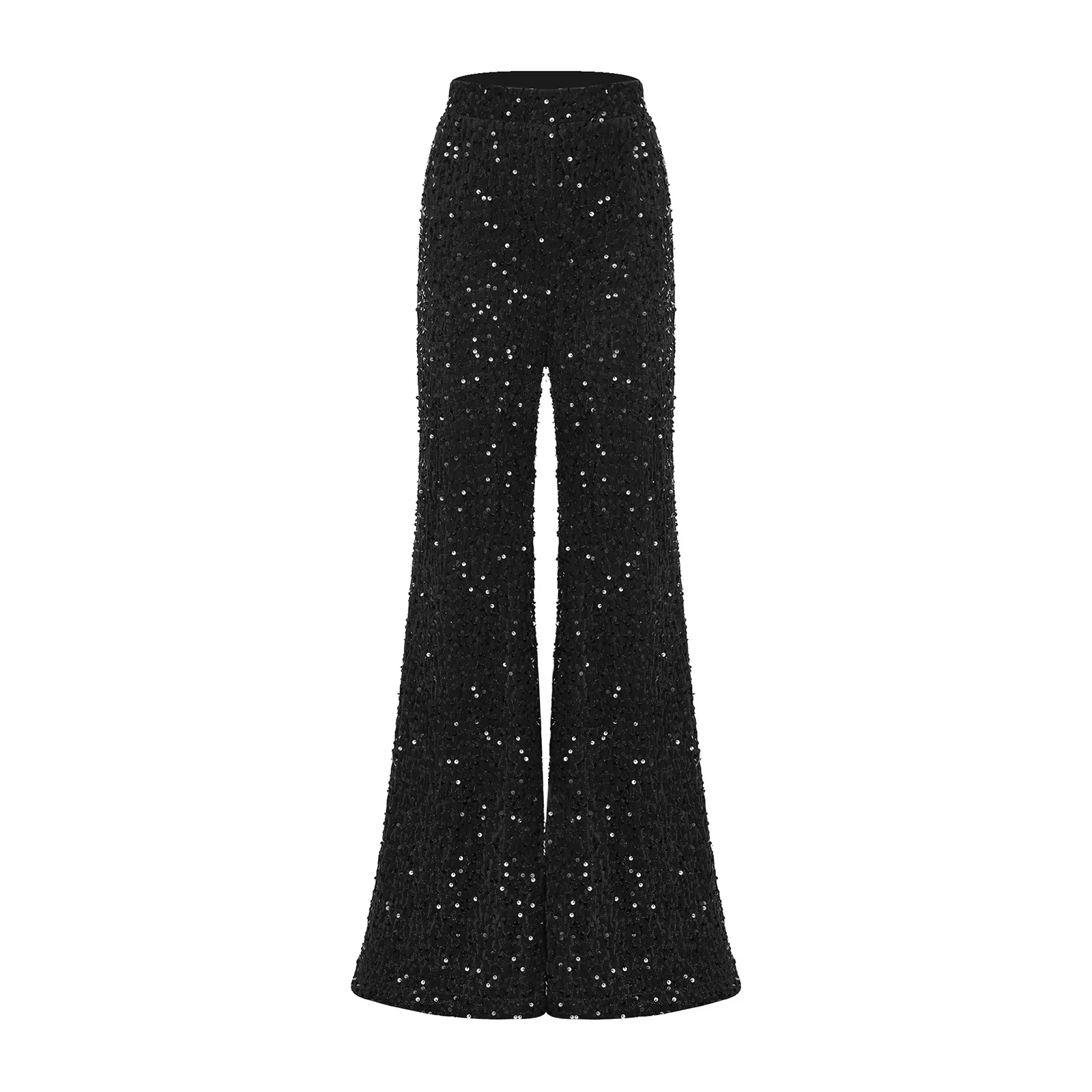 

Elegant Womens Party Disco Dance Pants Shiny Sequined Velvet Wide Leg High Waist Flared Trousers for Club Dance Evening Wear