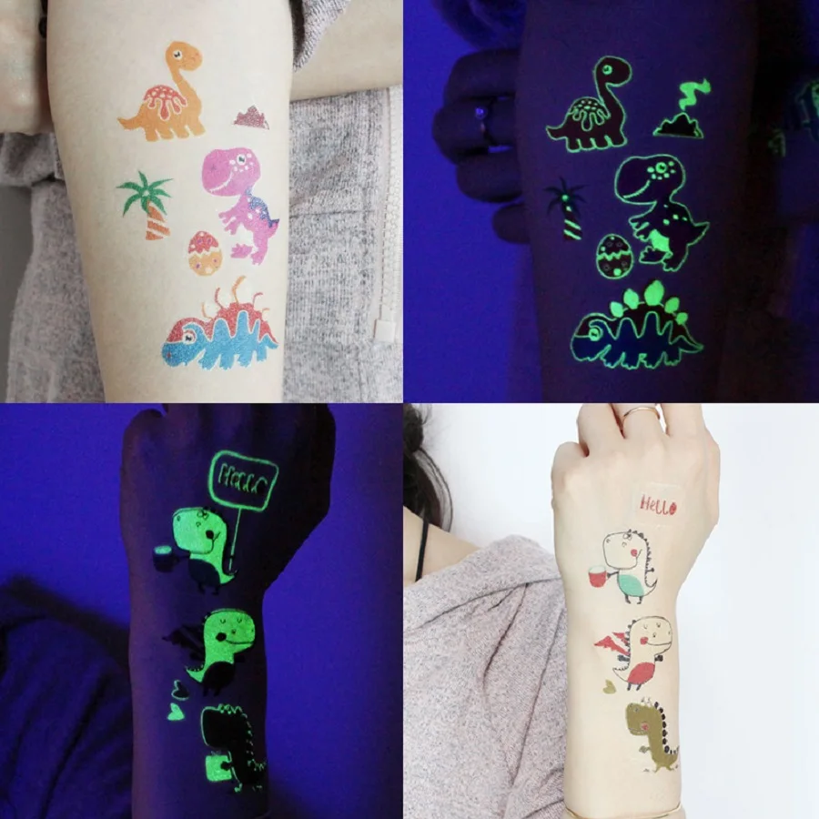 12 ورقة تتوهج في الظلام ديناصور الوشم مقاوم للماء المؤقتة T-ريكس التيروصور الاطفال هيئة الفن لوازم الحفلات تخزين ستوفير جودي