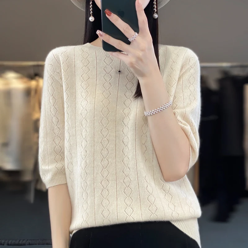 Spring and autumn new women\'s sweater cashmere knitted 100% pure merino wool solid color O-neck short sleeve T-shirt.