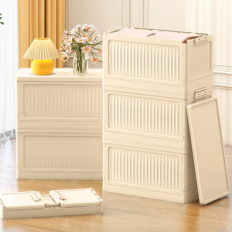 

Beige Foldable Plastic Storage Boxes with Stackable Design Collapsible Organizers for Home and Clothing Storage Large Compacity