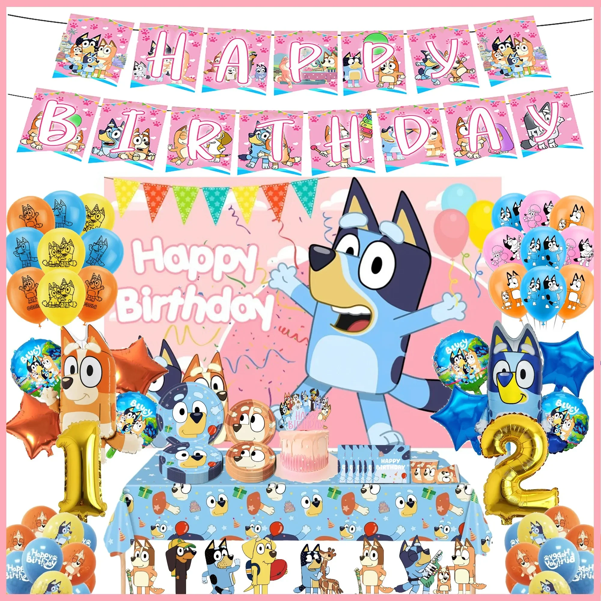 Bluey familia perro bonito plato de cubiertos para fiesta de cumpleaños cartel desechable pastel Topper colgante bandera globos conjunto decoraciones de cumpleaños