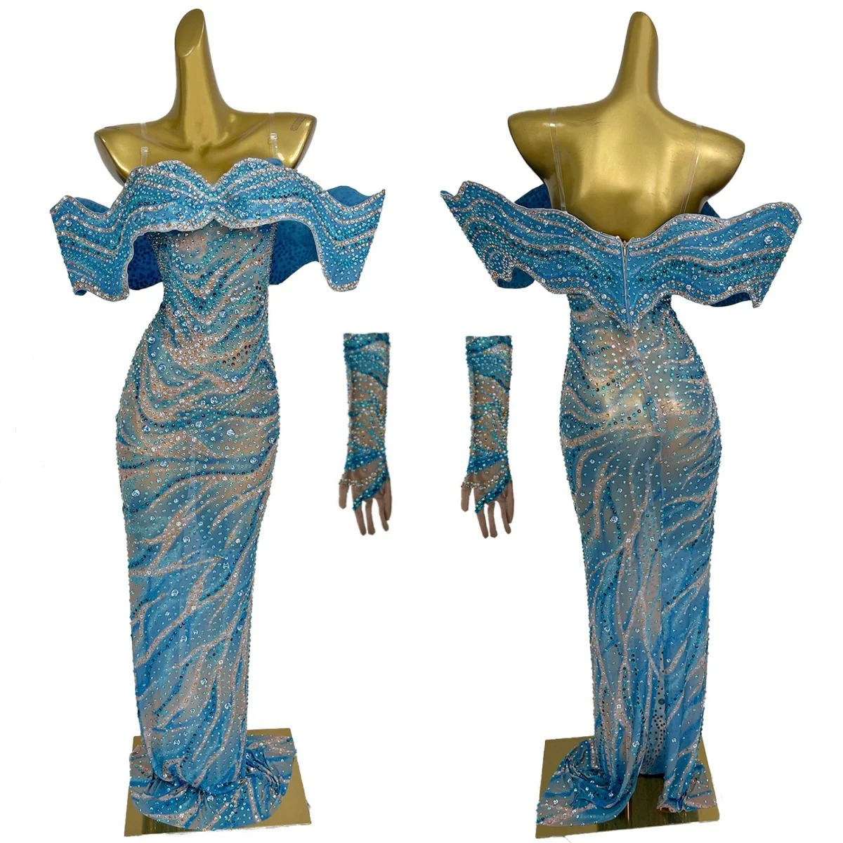 

Sparkly Crystals High-end Elegant Ladies Evening Gown Gloves Party Sexy Women Sheer Outfit Tight Fitting Blue Long Dress Aorun