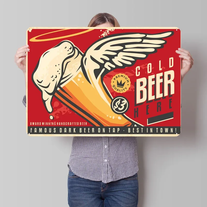 Flying Cold Beer Mug Sign Vintage Poster Outdoor Decors Retro Metal Tin Sign Plaque for Bar Wall Art Decoration Bathroom Decor