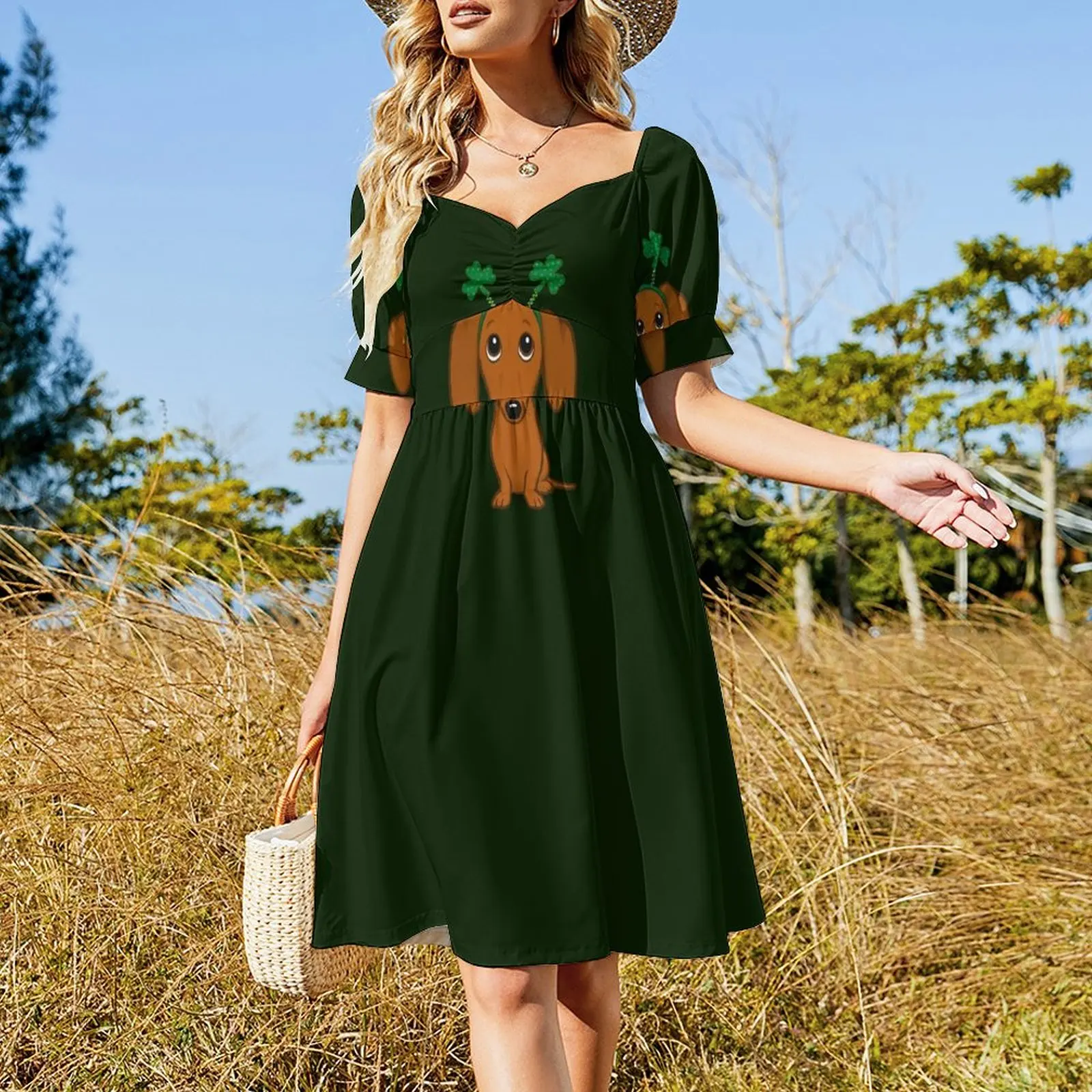 Saint Patricks's Day Dog Funny Shamrock Dachshund Cute Wiener Dog Short-Sleeved Dress women dresses Summer dresses for women