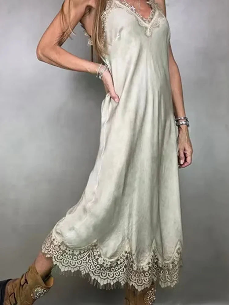 Abito da festa in tinta unita senza schienale alla moda Abito sexy con bretelle in raso patchwork di pizzo Elegante abito lungo da donna senza maniche con scollo a V