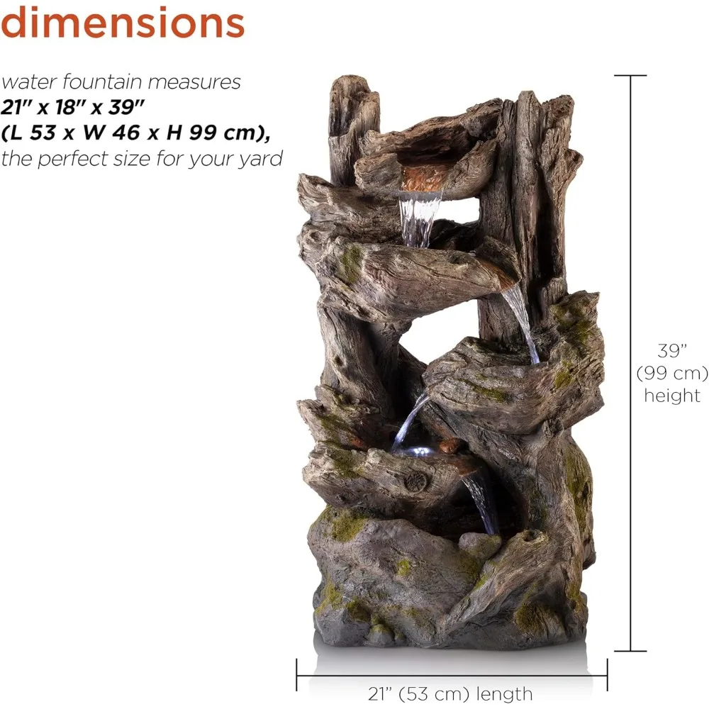 Fonte cascata de floresta tropical de 5 camadas para exterior de 39 polegadas de altura com luzes LED, 21 L x 18 L x 39 H polegadas