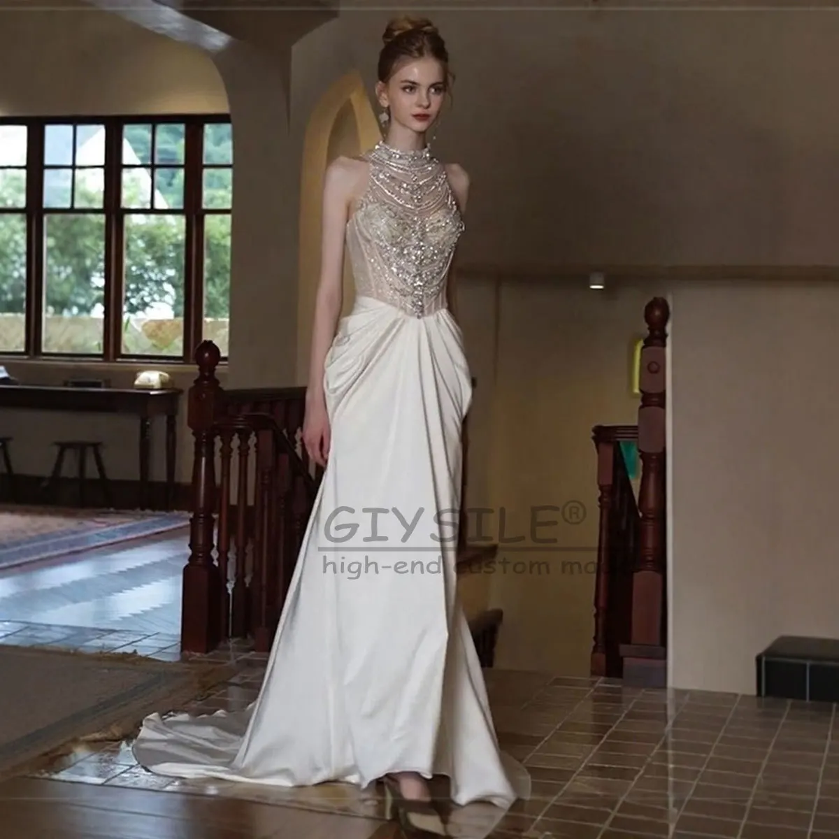 GIYSILE-vestidos de novia ligeros con cuello colgante, personalizados, industria pesada, satén francés, cola de pez francesa, vestidos de boda blancos Vintage