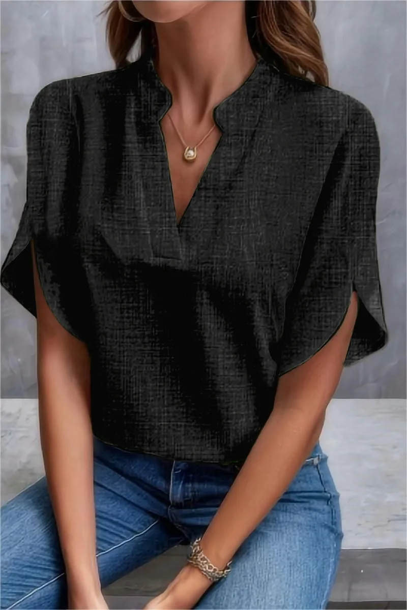 

Women's summer solid color V-neck off shoulder loose linen shirt top for women's loose personality and versatile temperament