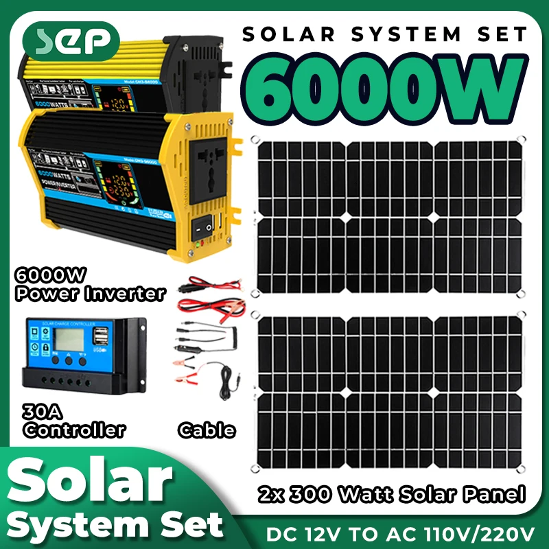 Kit Gerador Solar Completo Sistema Solar do Painel 300w para Casa Inversor de Energia Controlador 30a Carregador Solar Camping 6000w