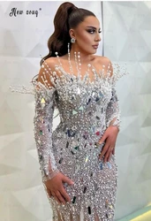 Shiny Silver Crystal Off Shoulder Long Sleeve Evening Dress Illusion Mermaid Formal Party Gown Arabic Celebrity Red Carpet Dress