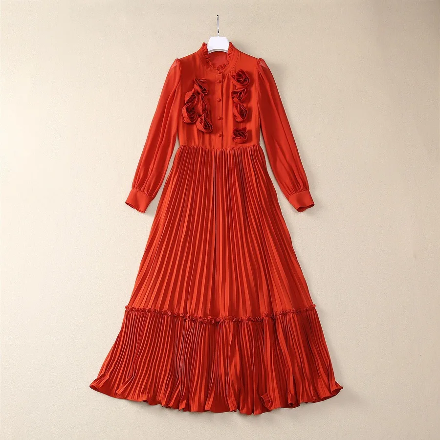 New Designer Dress Women Long Sleeve High Waist Pleated Elegant Party Dress With Flower