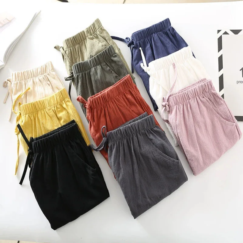 Women Cotton Linen Shorts Summer Casual Solid Color Two Pockets Wide Leg Shorts Female Loose High Waist Soprts Basic Short Pants