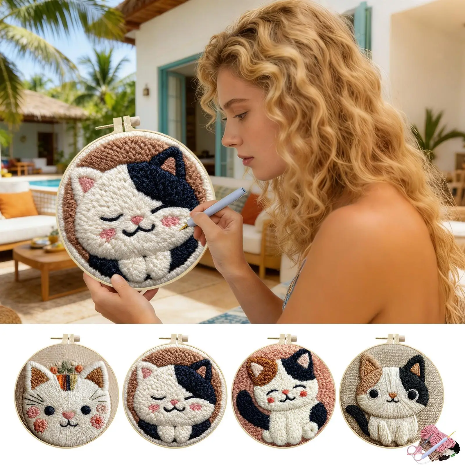 Punch Needle Kits Adults Beginner Interactive Cute Cat Theme Embroidery Set Needle Punch Kits For Adults For Stress Relief