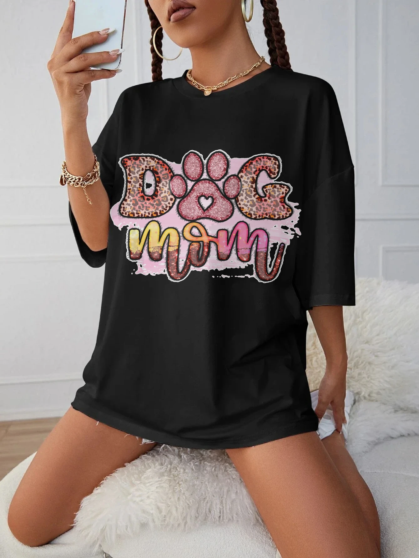 

Dog Mom Sublimation Women's Black Maternity T-Shirt Loose Fit Round Neck Comfortable for Late Pregnancy