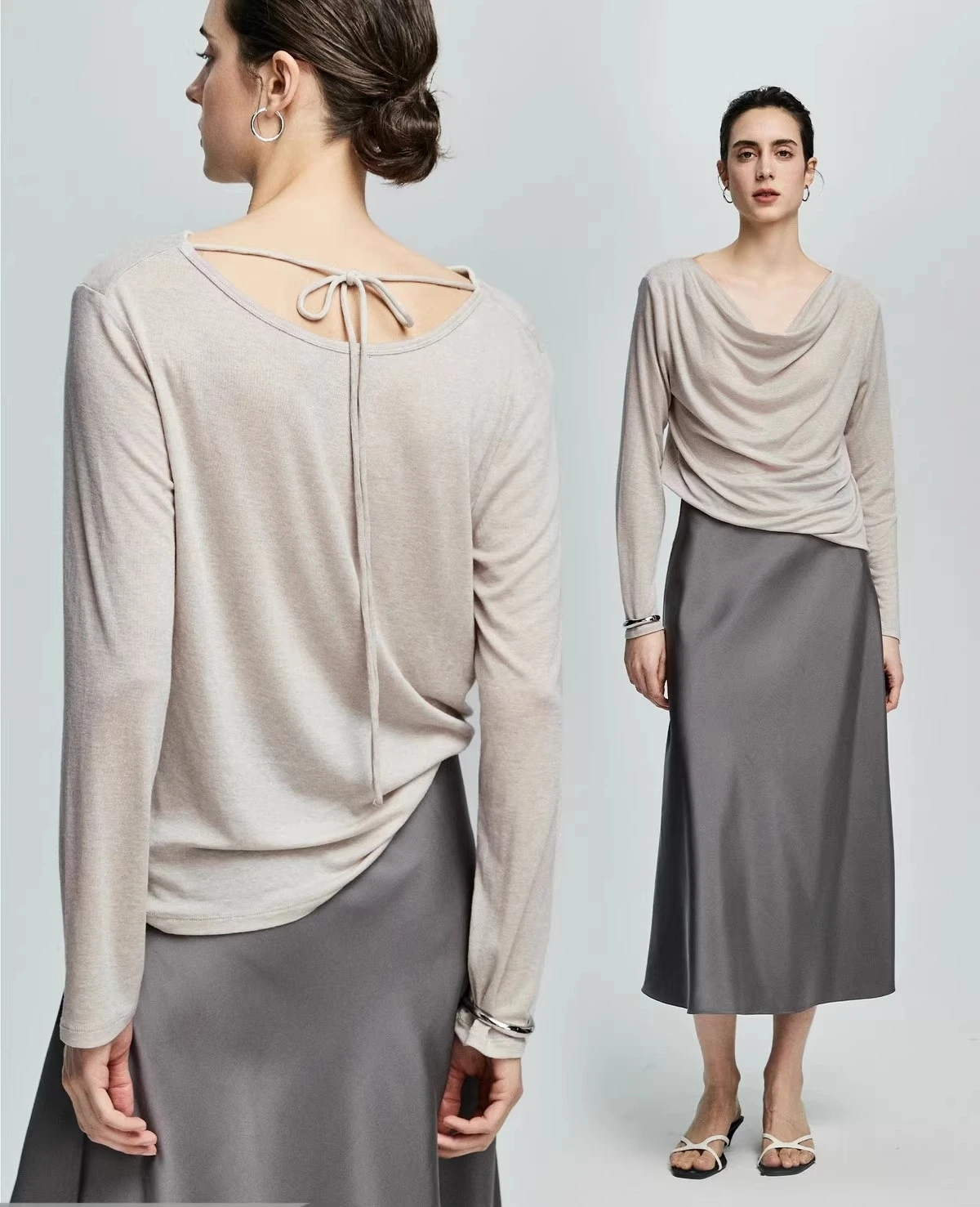 

Tencel wool swadd-neck T-shirt female Spring 2025 Long-sleeved base shirt The front and back are worn in a one-line collar